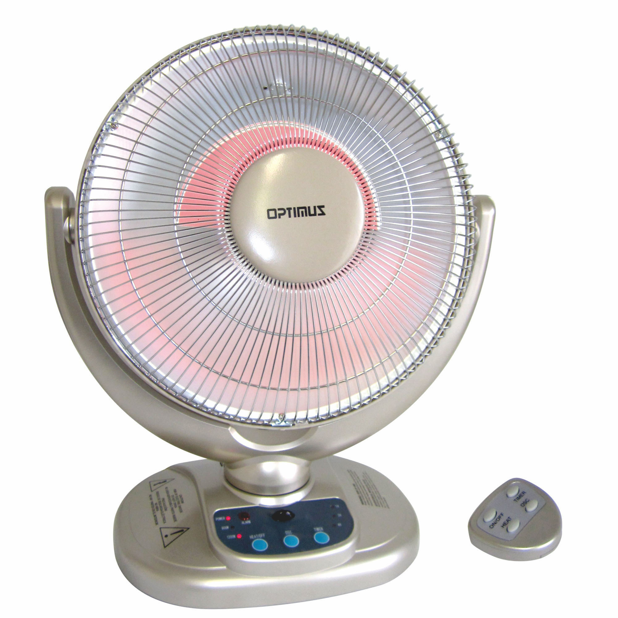 Optimus Oscillation Dish Heater — 1200 Watts, 14in., Remote Control, Sun-Like Radiant Heating, 75° Oscillation, Adjustable Head, Overheat Thermostat, Tip-Over Safety Switch, 4-Hour Timer, Ultra Quiet, Model# H-4438